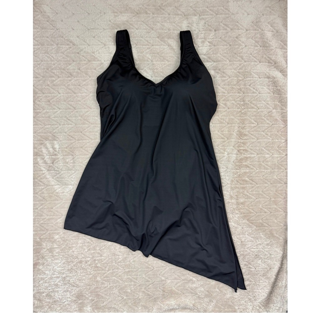 Lands' End Women Black Asymmetrical Swim Dress One Piece Swimsuit 10 DDD Bra